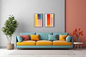 Fototapeta premium Canapé moderne dans une pièce neutre, dans un style de mise en scène minimaliste, multicolore, cottagecore, palettes de couleurs multiples, maquette, rendu 3d, design d'intérieur, inspiration. IA géné