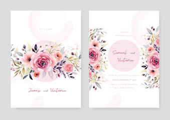 Pink rose and poppy vector elegant watercolor wedding invitation floral design