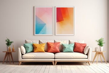 Canapé moderne dans une pièce neutre, dans un style de mise en scène minimaliste, multicolore, cottagecore, palettes de couleurs multiples, maquette, rendu 3d, design d'intérieur, inspiration. IA géné