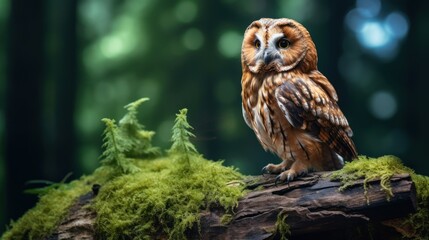 Tawny owl perched on stone in forest Clear green backdrop