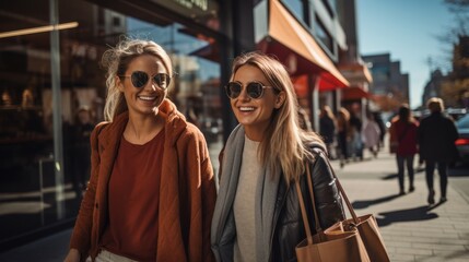 Obraz premium Two women shopping on road at city