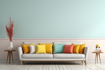 Canapé moderne dans une pièce neutre, dans un style de mise en scène minimaliste, multicolore, cottagecore, palettes de couleurs multiples, maquette, rendu 3d, design d'intérieur, inspiration. IA géné - 660276461