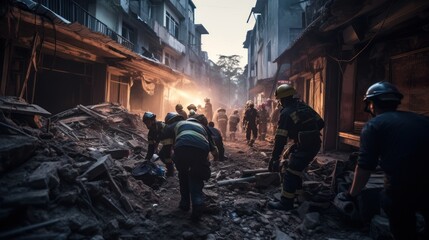 Volunteer and rescue forces searching through a destroyed victims in building and streets after earthquake - obrazy, fototapety, plakaty