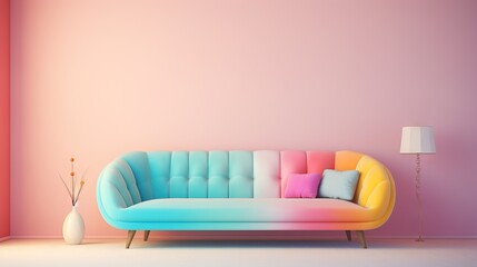 Canapé moderne dans une pièce neutre, dans un style de mise en scène minimaliste, multicolore, cottagecore, palettes de couleurs multiples, maquette, rendu 3d, design d'intérieur, inspiration. IA géné - obrazy, fototapety, plakaty