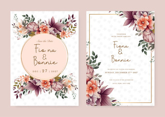 Fototapeta na wymiar Purple violet and orange frangipani artistic wedding invitation card template set with flower decorations