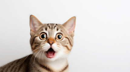 Obraz premium fluffy domestic cat with wide eyes and an open mouth is surprised, emotional portrait of an animal, shocked look, meowing, screaming, facial expression, home pet, feline, whiskers, fur