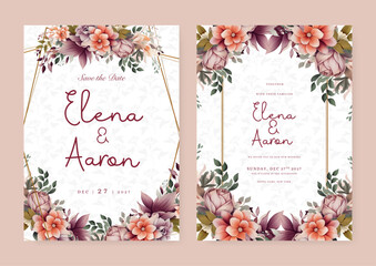 Purple violet and orange frangipani vector wedding invitation card set template with flowers and leaves watercolor