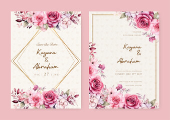 Pink rose beautiful wedding invitation card template set with flowers and floral