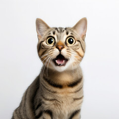 Fototapeta premium fluffy domestic cat with wide eyes and an open mouth is surprised, emotional portrait of an animal, shocked look, meowing, screaming, facial expression, home pet, feline, whiskers, fur