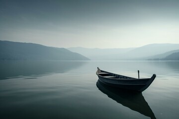 Serenity on water: A solitary boat amidst expansive lake, epitomizing the majestic beauty of a secluded voyage. Generative AI