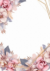 Pink and beige vector frame with foliage pattern background with flora and flower