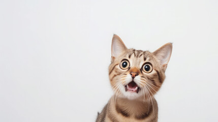 fluffy domestic cat with wide eyes and an open mouth is surprised, emotional portrait of an animal, shocked look, meowing, screaming, facial expression, home pet, feline, whiskers, fur