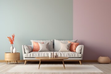 Canapé moderne dans une pièce neutre, dans un style de mise en scène minimaliste, multicolore, cottagecore, palettes de couleurs multiples, maquette, rendu 3d, design d'intérieur, inspiration mobilier - obrazy, fototapety, plakaty