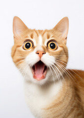 fluffy domestic cat with wide eyes and an open mouth is surprised, emotional portrait of an animal, shocked look, meowing, screaming, facial expression, home pet, feline, whiskers, fur
