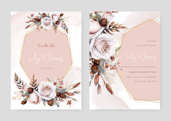 Beige and white rose wedding invitation card template with flower and floral watercolor texture vector