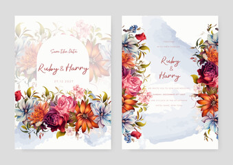 Colorful colourful rose and peony beautiful wedding invitation card template set with flowers and floral