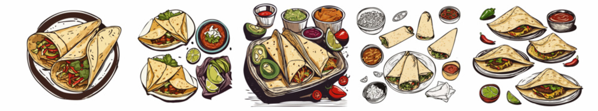 Mexican traditional food with meat, avocado, tequila, corn, isolated and spicy pepper, salsa, cuisine, vector illustration in cartoon style. Traditional Holiday Fiesta. hand drawn, not AI