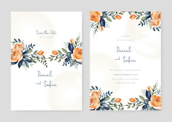Orange rose set of wedding invitation template with shapes and flower floral border