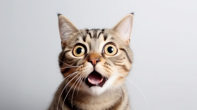 fluffy domestic cat with wide eyes and an open mouth is surprised, emotional portrait of an animal, shocked look, meowing, screaming, facial expression, home pet, feline, whiskers, fur
