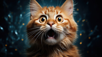 fluffy domestic cat with wide eyes and an open mouth is surprised, emotional portrait of an animal, shocked look, meowing, screaming, facial expression, home pet, feline, whiskers, fur - obrazy, fototapety, plakaty