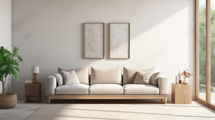 Canapé moderne dans une pièce neutre, dans un style de mise en scène minimaliste, multicolore, cottagecore, palettes de couleurs multiples, maquette, design d'intérieur. IA générative, IA