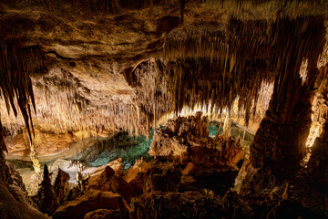 Dragon cave, Coves del Drach, (Cuevas del Drach). Stalactite mysterious underground caverns. Porto Cristo Balearic Islands Mallorca Spain. Vacation concept.