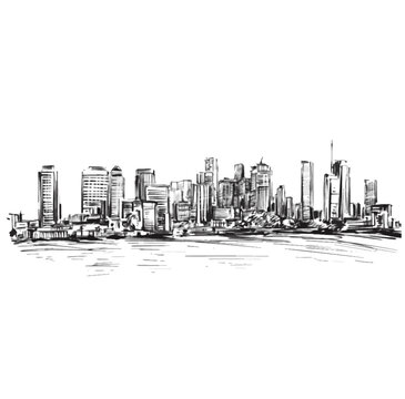 Drawing of London cityscape along the river 
