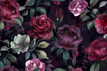 Dark seamless pattern of watercolor roses. Generative AI