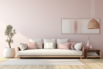 Canapé moderne dans une pièce neutre, dans un style de mise en scène minimaliste, multicolore, cottagecore, palettes de couleurs multiples, maquette, design d'intérieur. IA générative, IA - obrazy, fototapety, plakaty