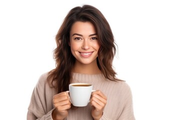 Close up of a young woman holding coffee cup in the morning on white background. Generative Ai