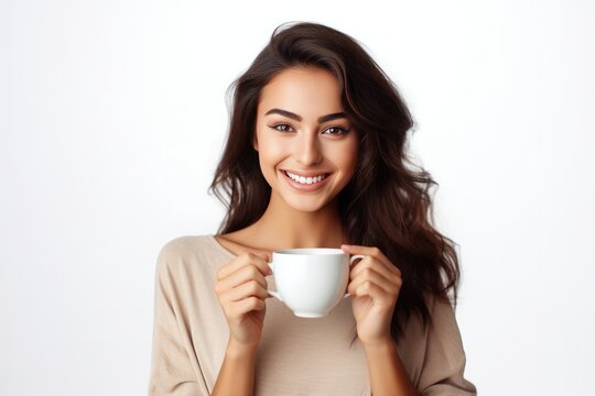 Close up of a young woman holding coffee cup in the morning on white background. Generative Ai