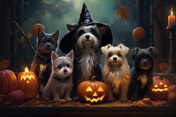Fototapeta premium Pet Parade Delight, Whimsical Halloween Costumes, Created with Generative AI