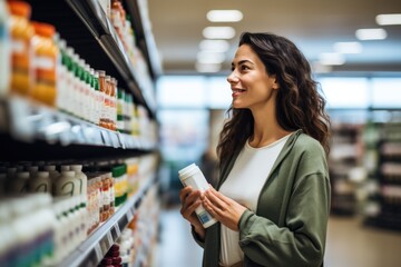 A woman shopping in a supermarket, taking into account nutritional values, prices and composition, demonstrating conscious consumer behavior.