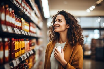 A woman shopping in a supermarket, taking into account nutritional values, prices and composition, demonstrating conscious consumer behavior.