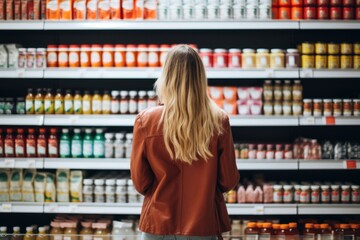 A woman shopping in a supermarket, taking into account nutritional values, prices and composition, demonstrating conscious consumer behavior. - obrazy, fototapety, plakaty