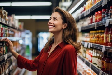 A woman shopping in a supermarket, taking into account nutritional values, prices and composition, demonstrating conscious consumer behavior.