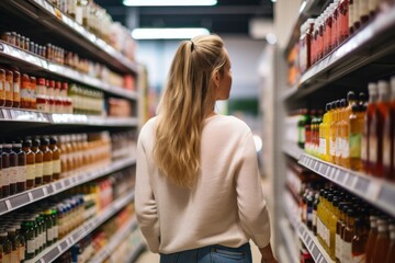 A woman shopping in a supermarket, taking into account nutritional values, prices and composition, demonstrating conscious consumer behavior.