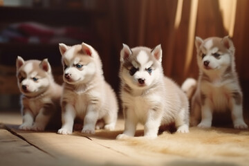 Naklejka na ściany i meble Group of cute playful Siberian Husky puppies are playing at home, soft lightinig