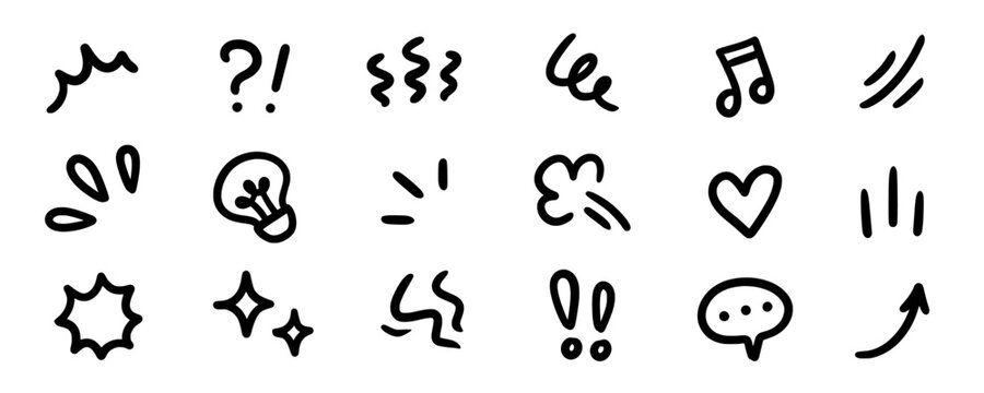 Line movement effect element, cartoon emotion effect decoration icon. Hand drawn cute doodle line element arrow, emphasis, shock, sparkle. Anime movement, express shape. Vector illustration.
