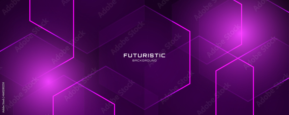 Wall mural 3D purple techno abstract background overlap layer on dark space with glowing hexagon effect decoration. Modern graphic design element lines style concept for banner, flyer, card, or brochure cover