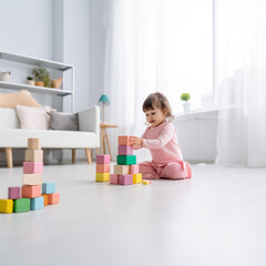 On a white background, a girl builds a tower from cubes, a girl plays with cubes, a beautiful little girl