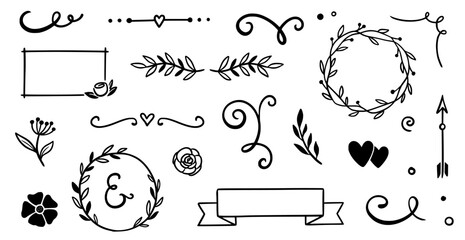Flower frame, vintage ribbon vector element. Hand drawn doodle cute floral border, arrow, banner ribbon set. Wedding swirl element, floral frame, flower decorative element. Vector illustration