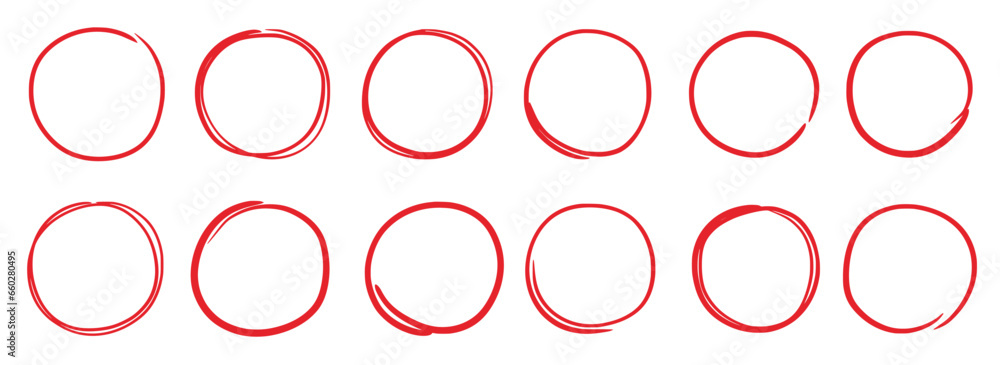 Fototapete Hand drawn red marker round frame. Hand drawn marker stroke style doodle red circle frame. Scribble round frame for check, text highlight. Grunge scratch style set. Vector illustration