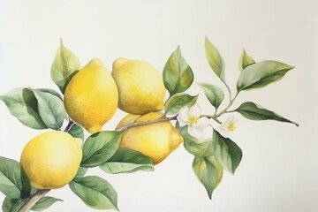 Lemon branch with watercolor on plain background. Generative AI