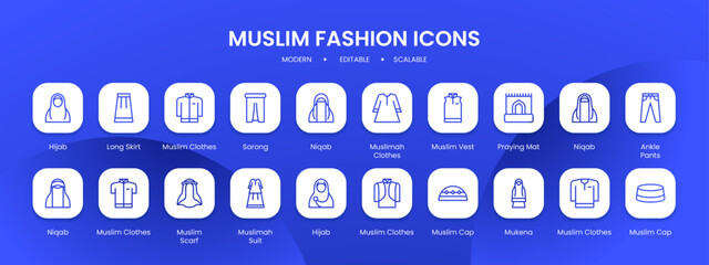 Fashion muslim icon collection with black filled line outline style. fashion, muslim, collection, islamic, woman, arabic, islam. Vector Illustration