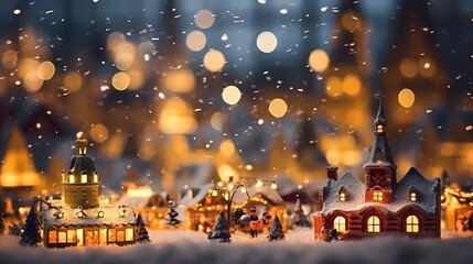 christmas night in the city, 3d illustration, Christmas winter fairy village landscape