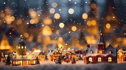 Zelfklevend Fotobehang christmas night in the city, 3d illustration, Christmas winter fairy village landscape © Planetz