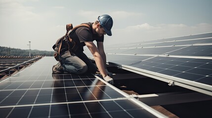 A handyman Installing Solar Panels On the Rooftop - obrazy, fototapety, plakaty