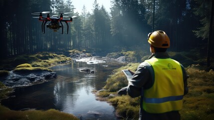 Inspection with Drone forest river - obrazy, fototapety, plakaty