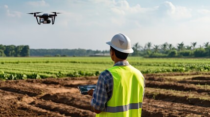 Man Inspection with Drone at Farm